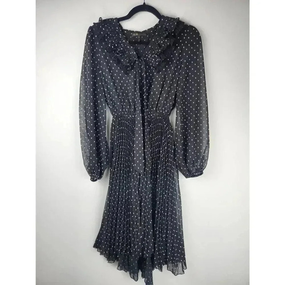 Maje Polka Dot Ruffle Long Sleeve Knee Length Dress. Black White Size 38 - Picture 1 of 6